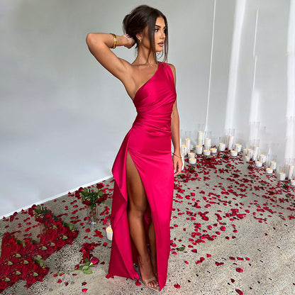 Sexy One-Shoulder Backless Slit Dress Summer Elegant Slim-Fit Solid Color Satin Dresses for Women